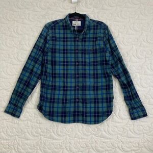 On The Road Mens Green Blue Plaid Slim Fit Flannel Button Down Shirt Size 42/L